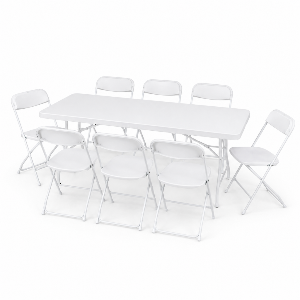 Set Rectangle Table + 8 White Plastic Chair