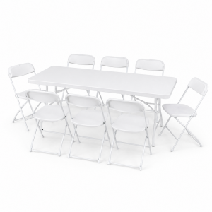 Set Rectangle Table + 8 White Plastic Chair